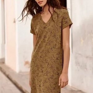 Garnet Hill mustard yelloow Sketch dot print dress relaxed stretchy Granola L